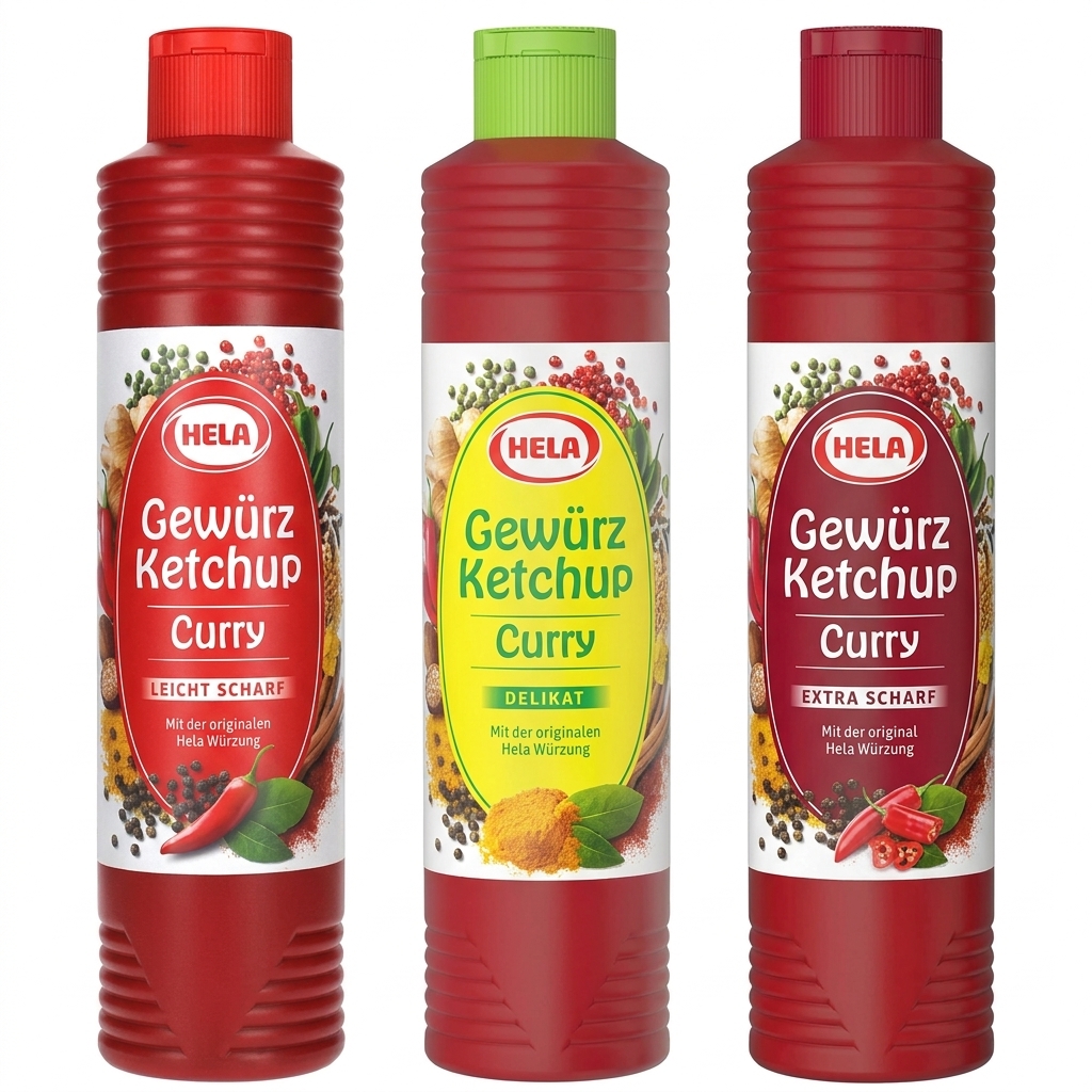 Hela Gewürz Ketchup Curry leicht scharf / Delikat / extra scharf 800 ml