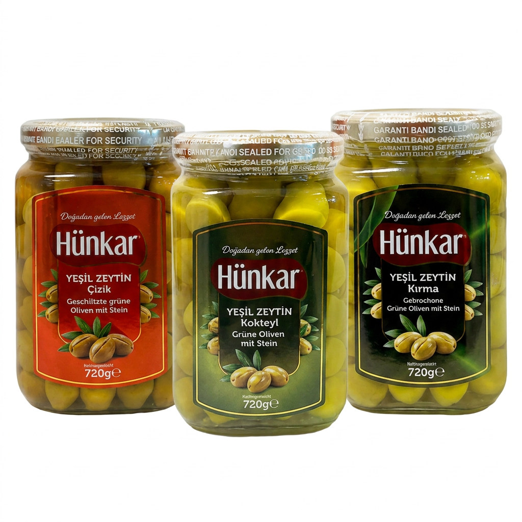 Hünkar Yeşil Zeytin grüne Oliven mit Stein / gebrochen / geschlitzt 720 g